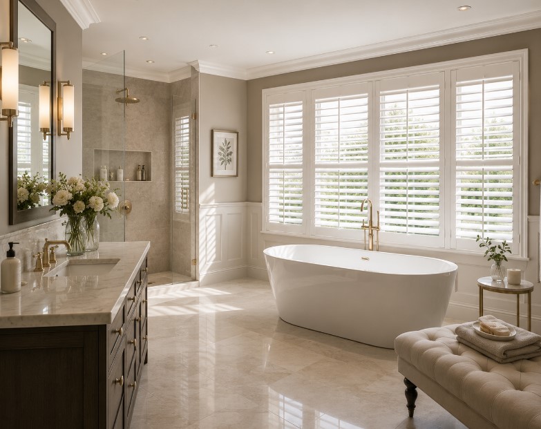 Hardwood shutters in bathrooms